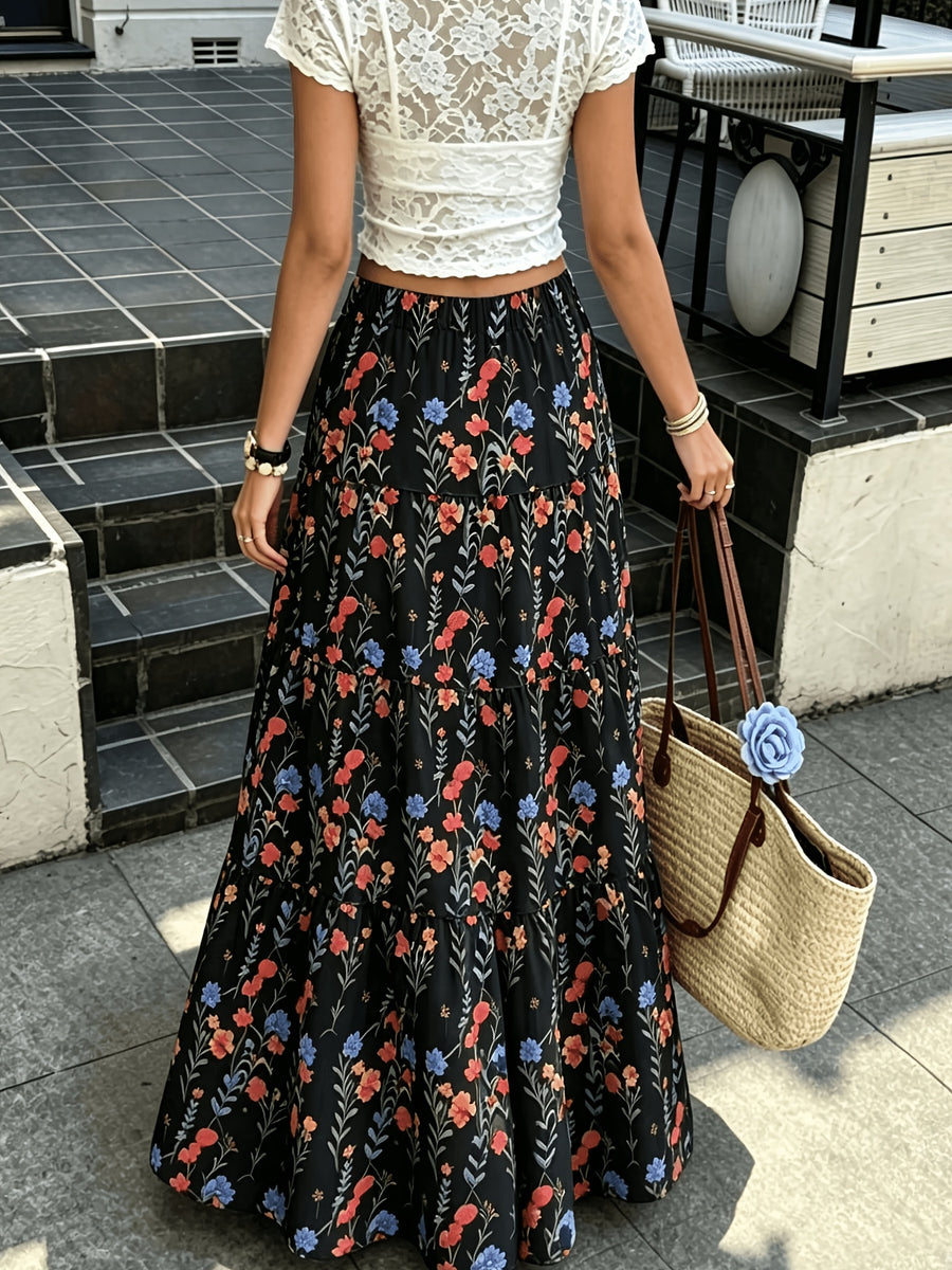 Women'S Autumn Vacation Country Style Floral Long Half Skirt, Commute Daily, Outing Wear, with Drawstring Detail, Spring Summer Fall Winter All Seasons - Polychrome