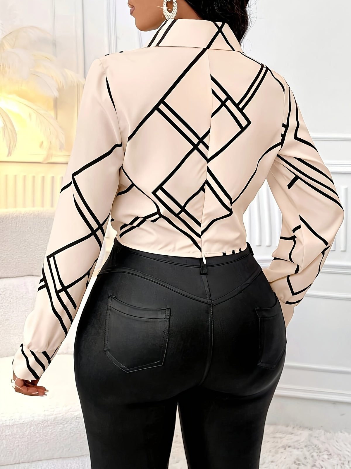 Women's Elegant V-Neck Long Sleeve Shirt with Back Zipper & Geometric Print - Lightweight Summer Top, Machine Washable, Non-See-Through Fabric, Tailored Fit for Casual or Professional Wear, Business Casual Top, Soft Texture Top - Apricot