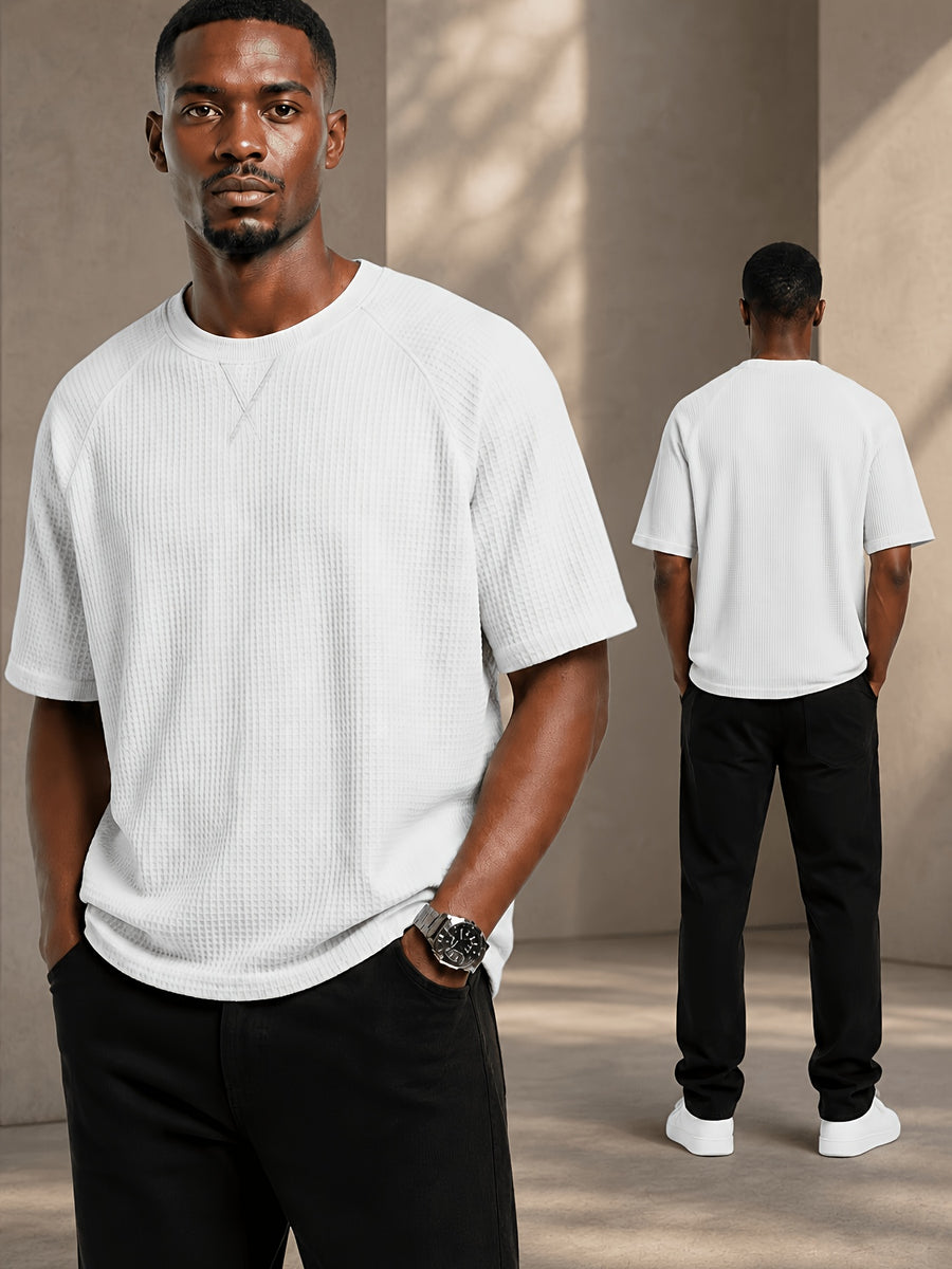Men's Short-sleeve Waffle T-shirt, Lightweight and Breathable Crewneck Top, Suitable for Daily Casual Wear, Summer Vacations, and Outdoor Activities, with a Loose Fit - 1pc White
