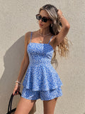 Summer Women'S Floral Cami Lettuce Trim Top And Shorts Romper, Beach Vacation Daily Casual Outfit - Vibrant Blue