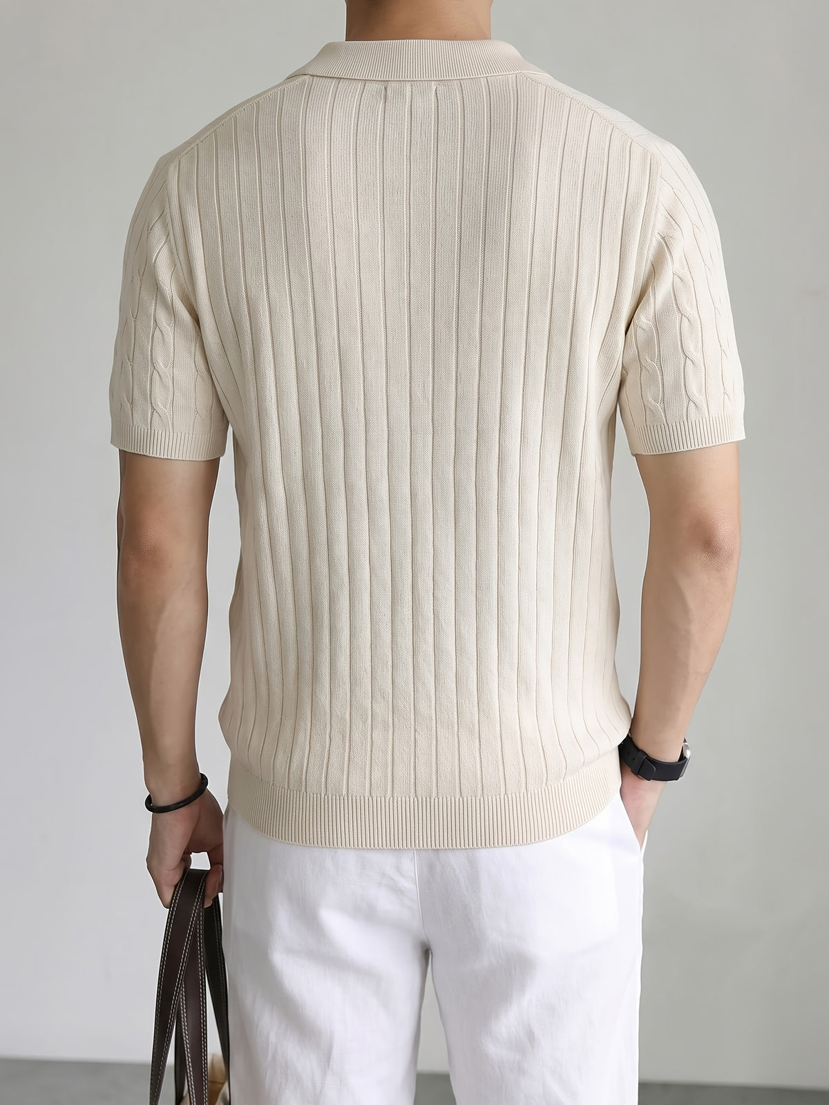 Short-Sleeved Knitted Shirt 2026 Spring/Summer New Product Cable Knit Lapel Slimming Pullover Top, Vertical Stripe Heavy-Duty Twist Slimming Pattern, Light Luxury Business High-Quality Style, Fashionable, Easy And Handsome, Precise Workmanship - 【Light Yellow】