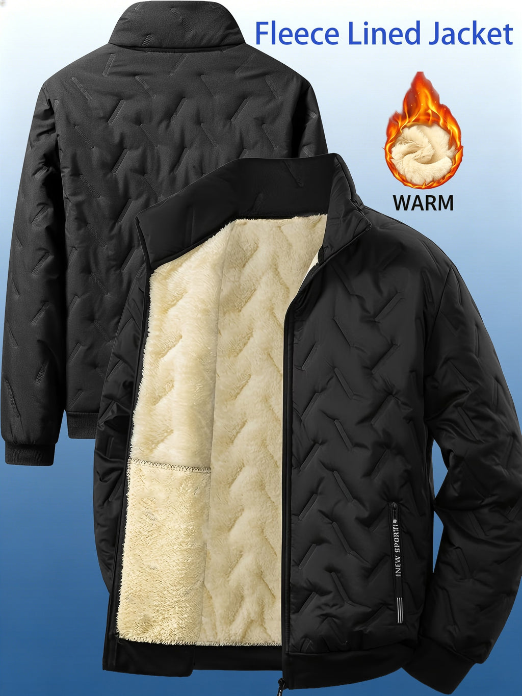 Winter New Style - Men'S Fleece Casual Windproof Jacket with Zipper, Suitable for Outdoor Hiking And Casual Office Wear - Black