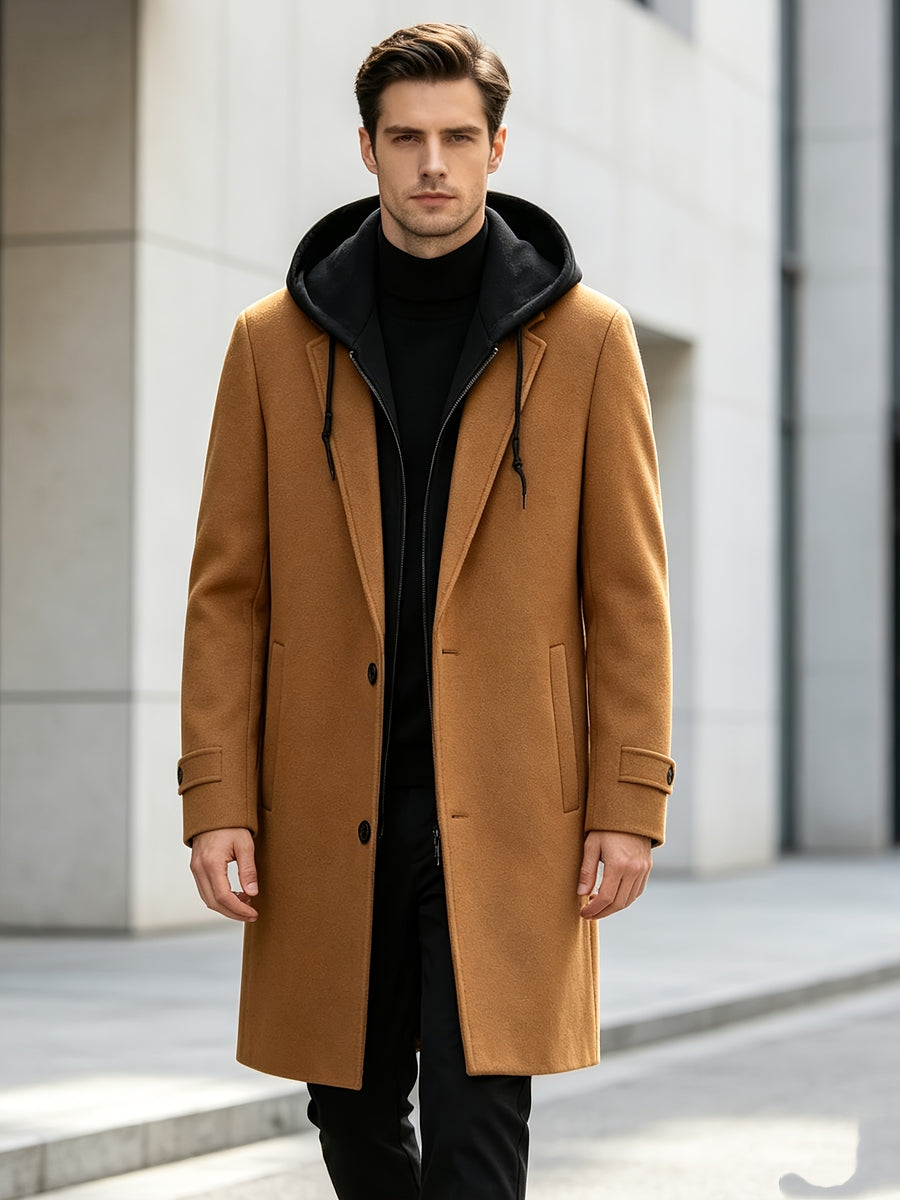 8803 New Thickened Warm Casual Business Removable Hooded Style Thickened Velvet Blend Trench Coat Men'S Jacket - Khaki