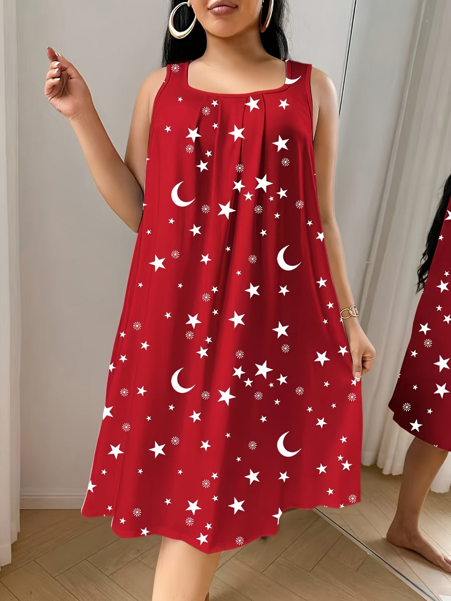 Women'S Plus Size Sleeveless Vest Dress with Star And Moon All-Over Print, Spring Summer Style, Very Comfortable Home Wear - Red