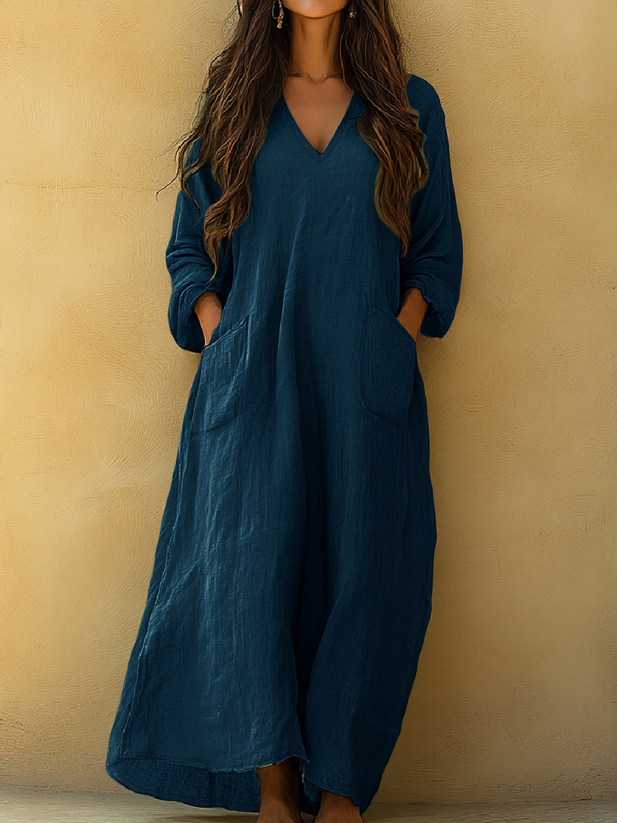 Women'S V-Neck Casual Long Sleeve Dress - Navy Color