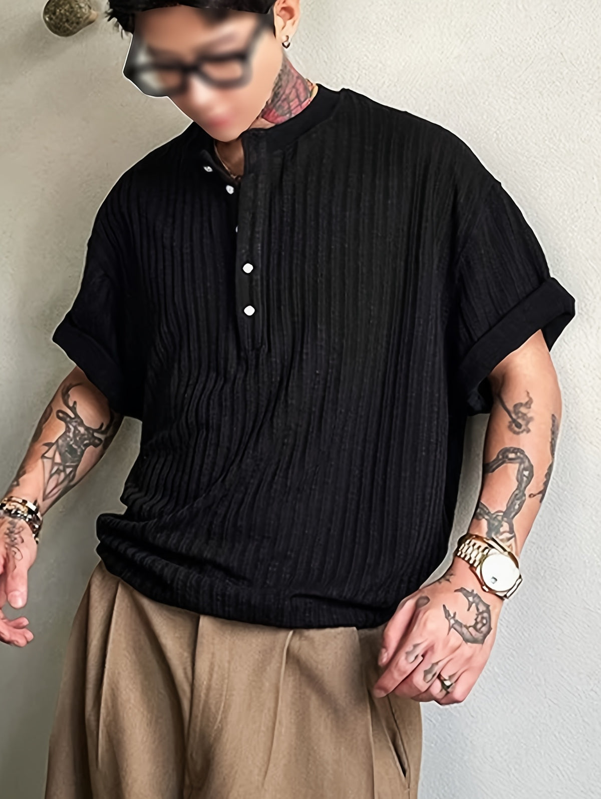 Men'S Knit Pullover Shirt Textured Pleated Soft Short Sleeve Old Money Style Button-Up Henley T-Shirt Men'S Slim Fit V-Neck Top - Black
