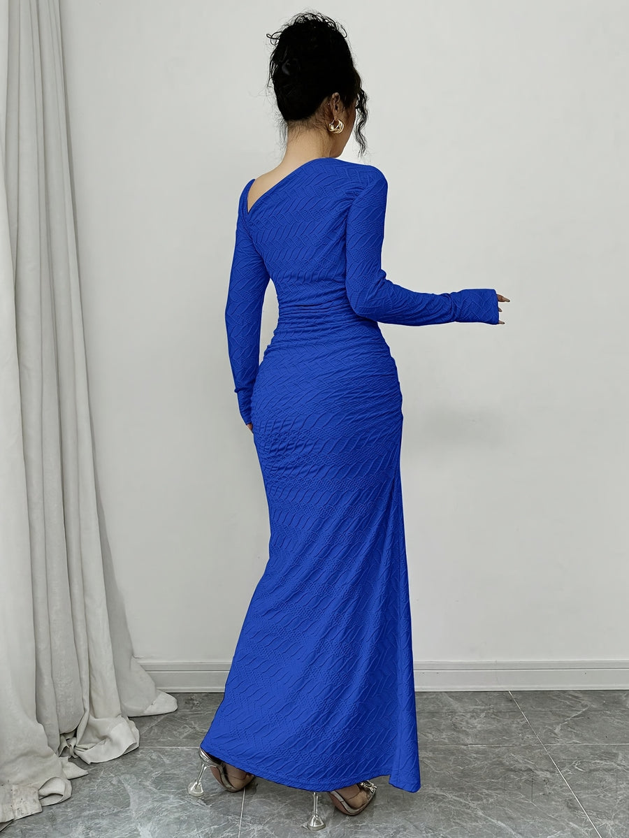 Ladies Elegant Fashion Office Commute Ladies Charm Long Sleeve Asymmetrical Neckline Pleated Slim Fit Bodysuit Collar Solid Color Textured Long Dress Directed - Blue