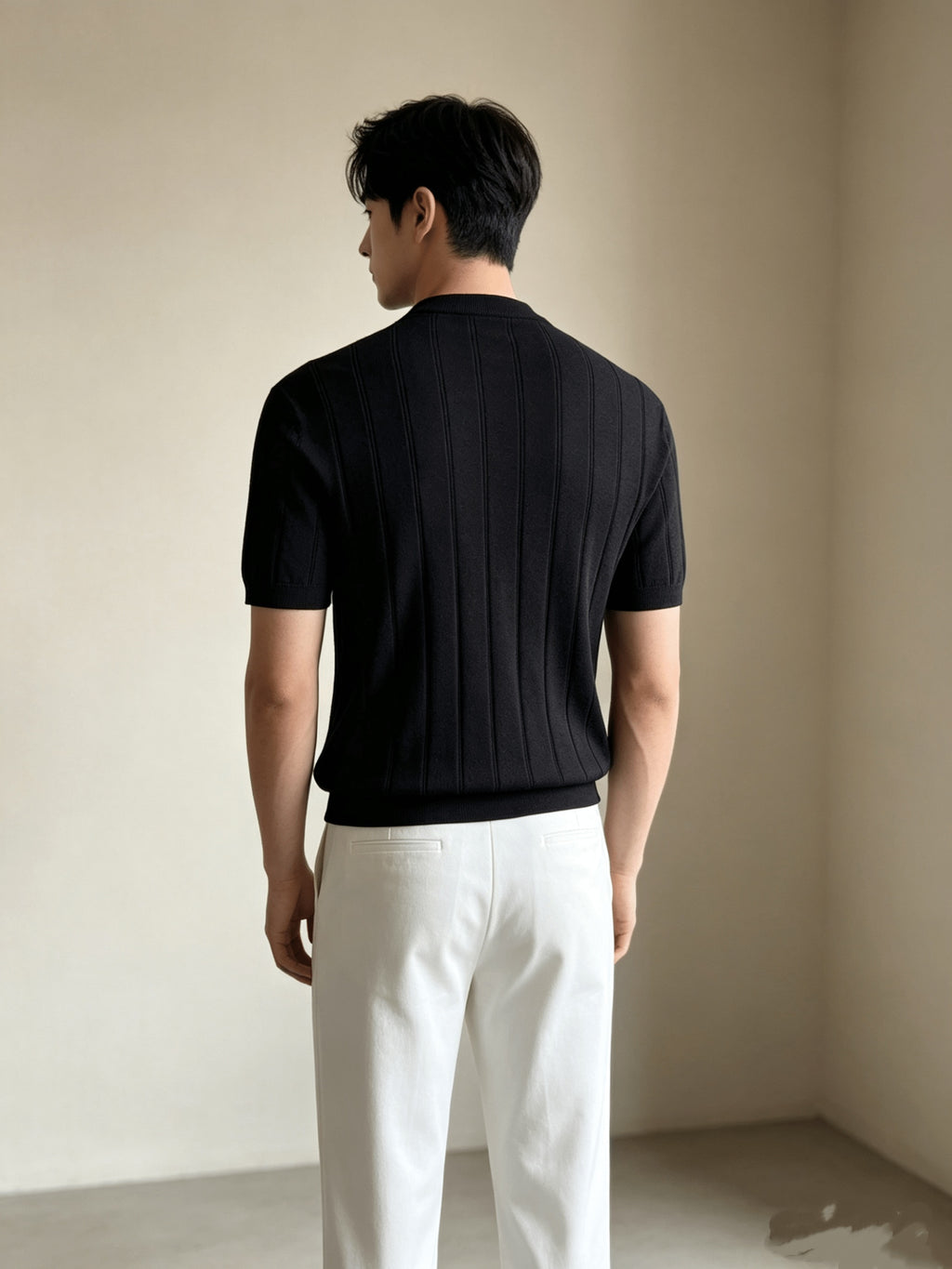 Old Money Style Knit Short Sleeve Men'S Summer Relaxed Round Neck Thick Rib Tencel Blend Half Sleeve Top - Black