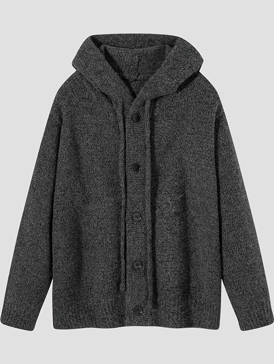 Hooded Knit Cardigan Men'S Autumn Winter Loose Casual Drawstring with Hat Sweater Jacket All-Match Single Button Top - Black