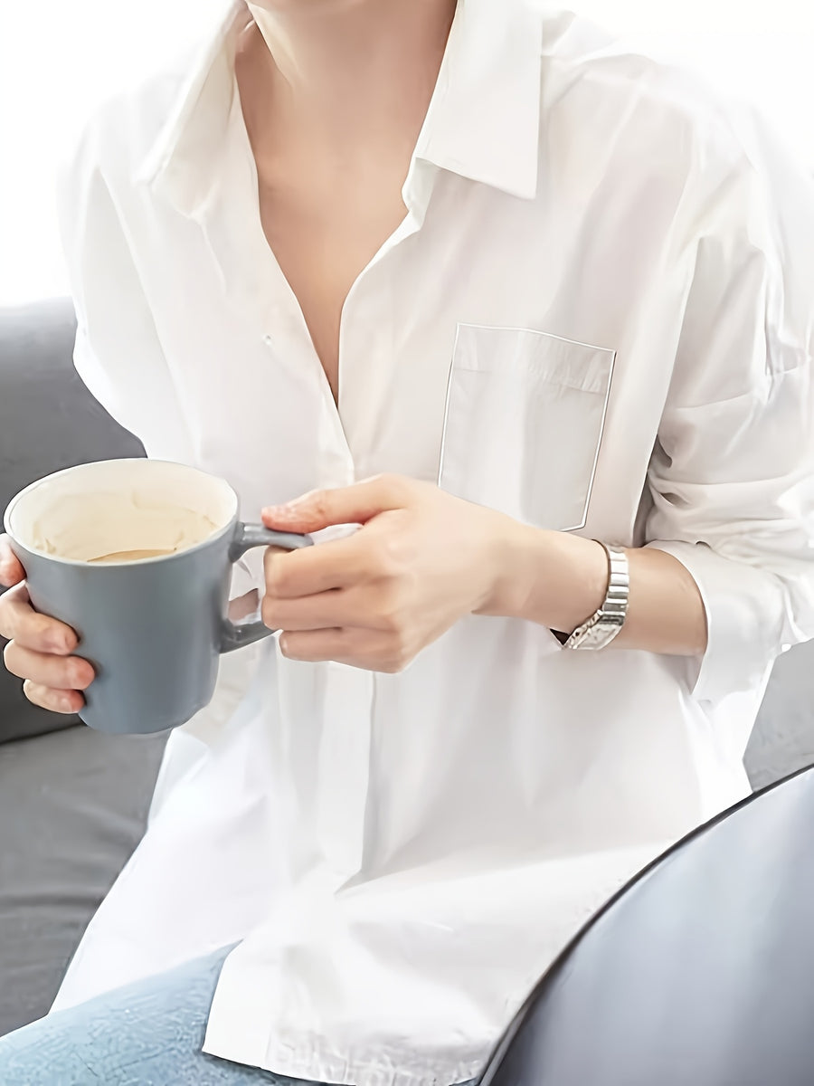 2025 Spring/Autumn New Arrival Women's White Loose-Fit Casual Designer Long-Sleeve Top with a Niche, Lazy-Style Fashion - White
