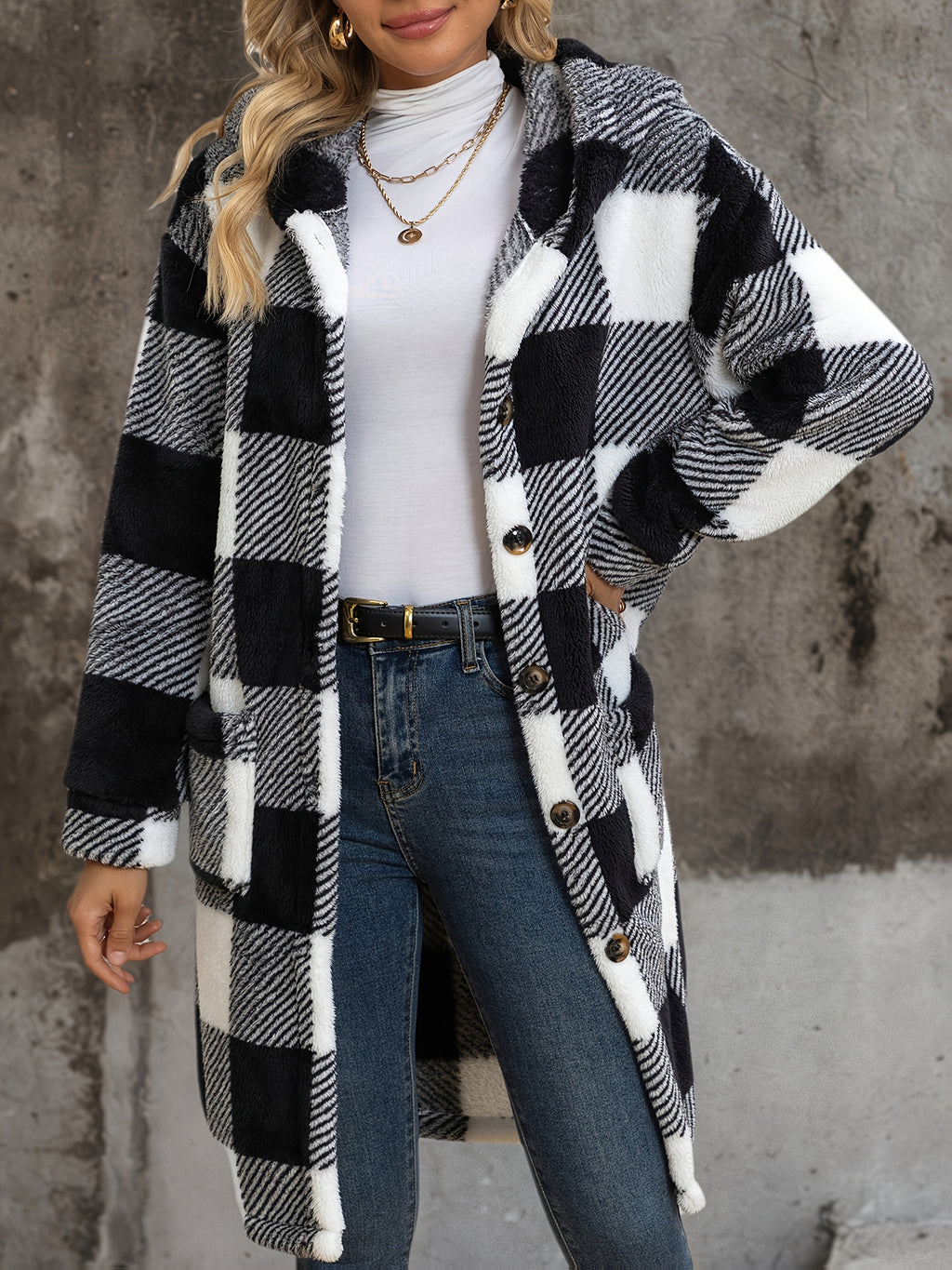Popular European and American Women's Fashion: New Autumn/Winter Black and White Checkered Double-Sided Plush Hooded Pocket Mid-Length Casual Coat - Black And White Plaid