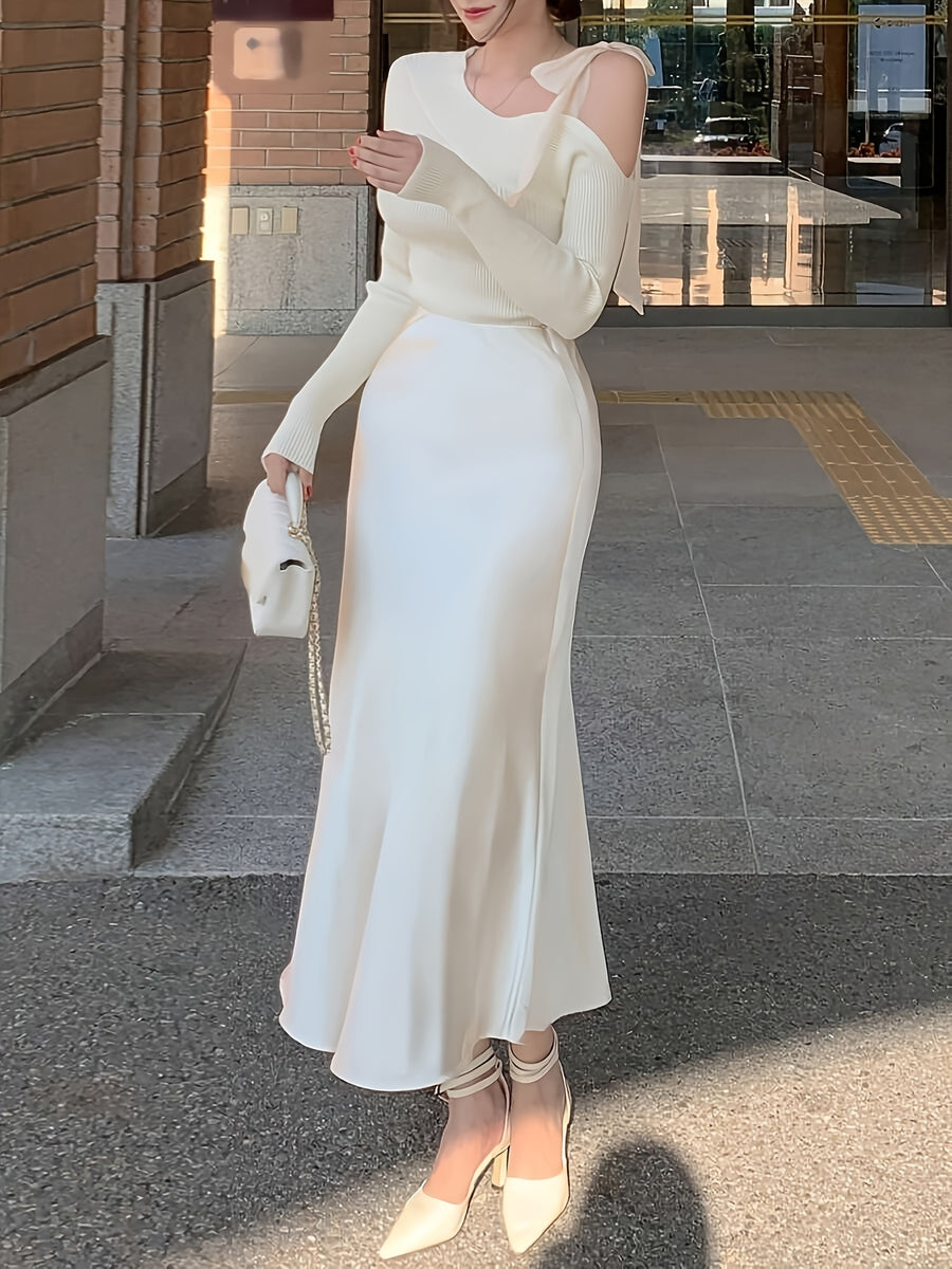 Spring/Summer Women's Slim-Fit Solid Color Satin Mermaid Skirt - White