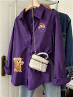 Gentle Girly Style Shirt with Pocket, Bow, Little Bear, and Rose Print, Long Sleeve Loose Fit Daily Commute Age-Reducing Cardigan Top - Purple