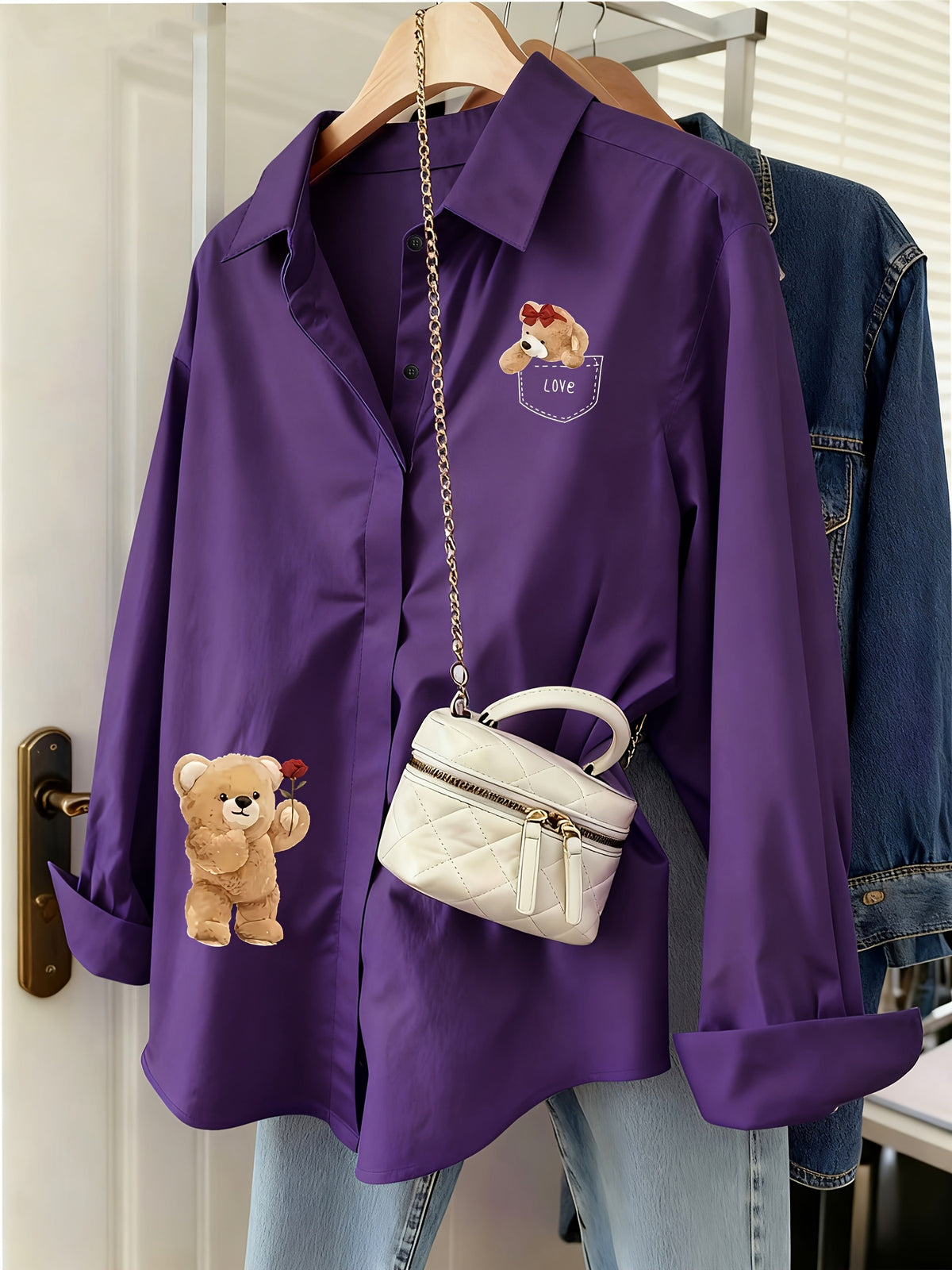 Gentle Girly Style Shirt with Pocket, Bow, Little Bear, and Rose Print, Long Sleeve Loose Fit Daily Commute Age-Reducing Cardigan Top - Purple