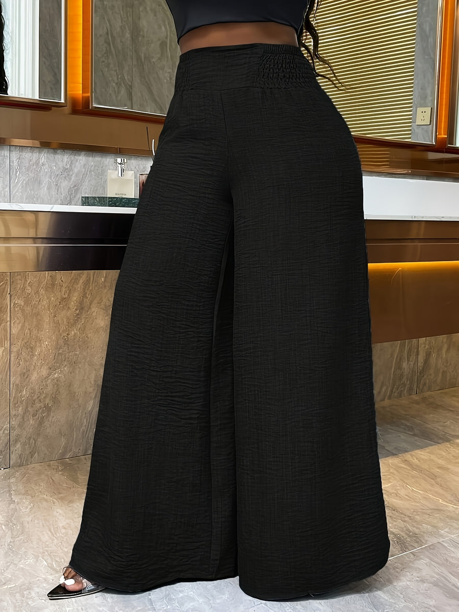 Women'S Casual Wide Leg Pants, Elastic Waist, Solid Color, Polyester 100%, Loose Fit, Long Length, Woven Fabric, 200g/m², for Spring/Fall, Weekend Casual Wear - Black