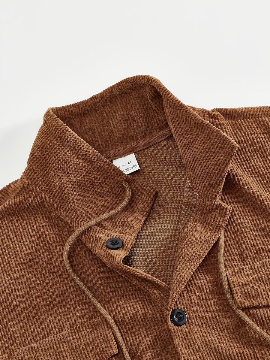 Men'S Corduroy Button-Up Shirt with Pocket And Drawstring Detail, Casual Long Sleeve Blouse for Daily Street Style, Gift Idea - Coffee Color