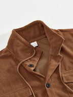 Men'S Corduroy Button-Up Shirt with Pocket And Drawstring Detail, Casual Long Sleeve Blouse for Daily Street Style, Gift Idea - Coffee Color