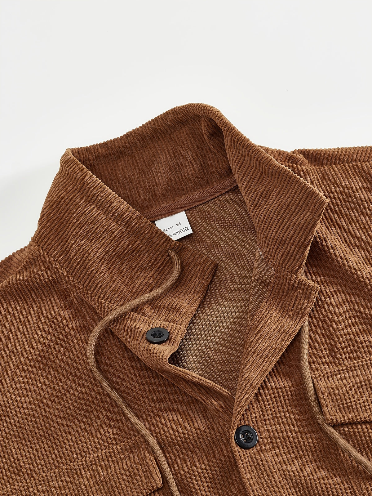 Men'S Corduroy Button-Up Shirt with Pocket And Drawstring Detail, Casual Long Sleeve Blouse for Daily Street Style, Gift Idea - Coffee Color