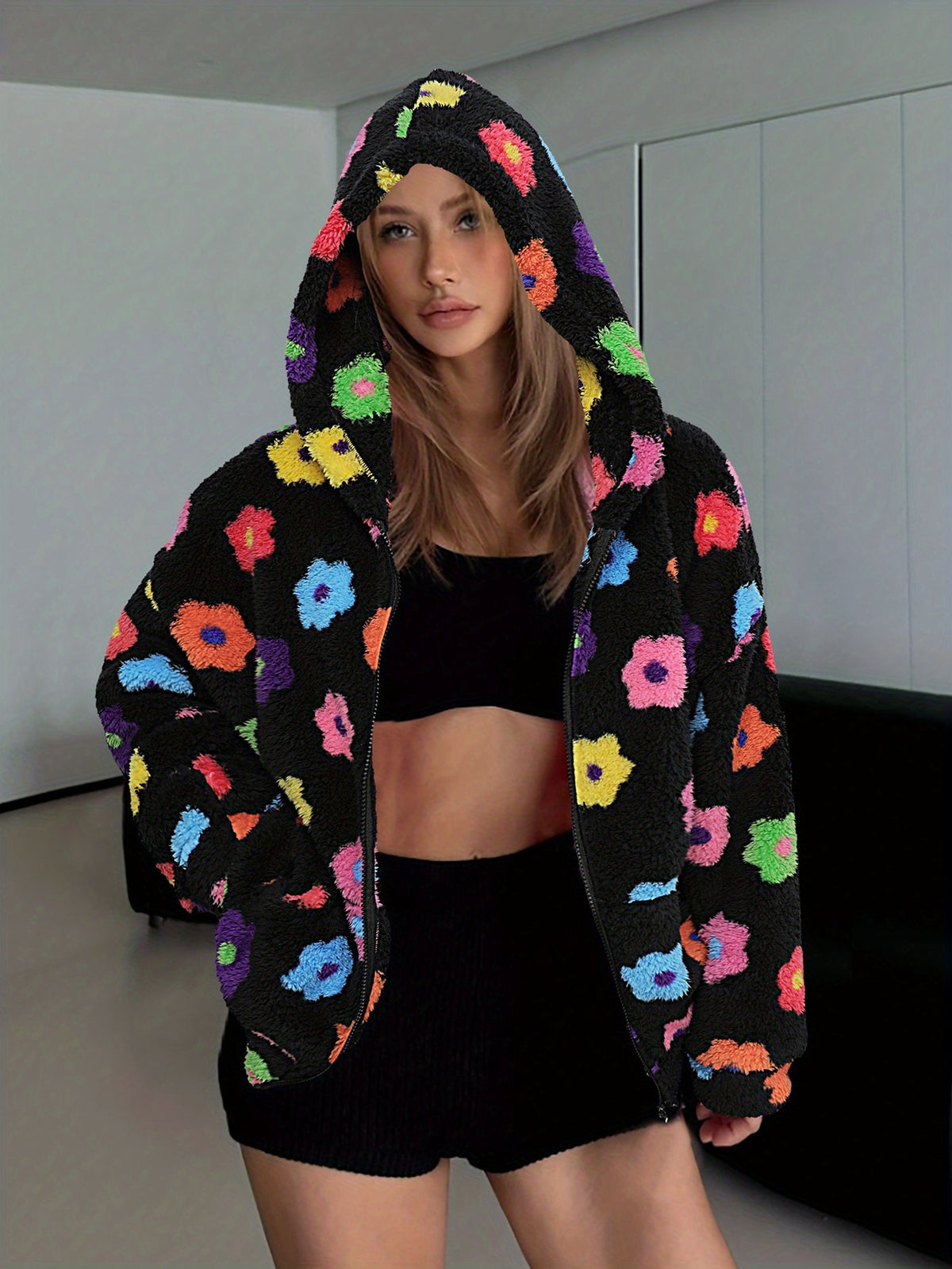 Autumn/Winter Women's Y2K Fashion Casual Colorful Flower Plush Hooded Jacket with Pockets and Front Zipper, Cute Floral Design, Soft Comfortable Warm Fabric, Versatile Style for Daily Casual Wear A11117-1 - Multicolor