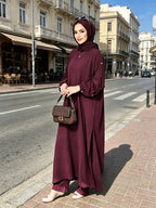 2026 New Loose, Casual And Fashionable, Commuting All-Purpose Long Two-Piece Set with Round Neck And Golden Button Pocket Design - 8075 Deep Purple Red