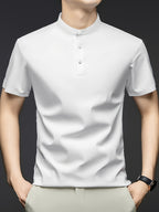Men's Summer Mid-Life Seamless Stand Collar Short Sleeve T-Shirt, Solid Color Polyamide-Spandex Breathable Half-Sleeve Tee - White