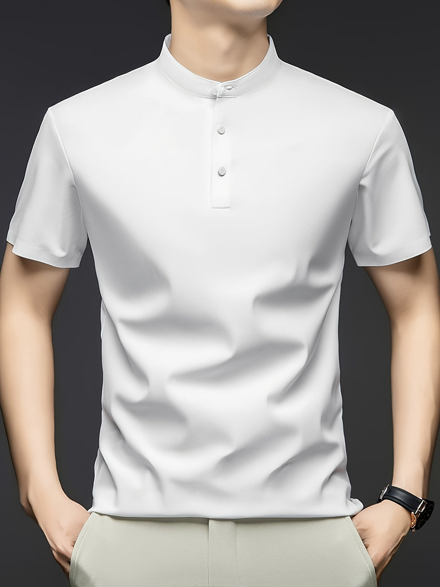 Men's Summer Mid-Life Seamless Stand Collar Short Sleeve T-Shirt, Solid Color Polyamide-Spandex Breathable Half-Sleeve Tee - White