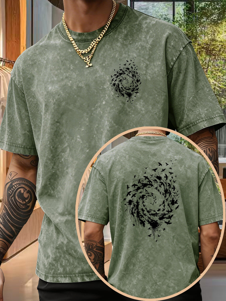 Men's Pure Short-Sleeve Top with Trendy Double-Sided Print of Flocks of Birds and Spiral Ink Splatter Design, 12 Colors for Mix-and-Match, Washed Distressed Loose Fit, National Trend Y2K Style for Commuting, Daily Outings, Sports - Olive Green