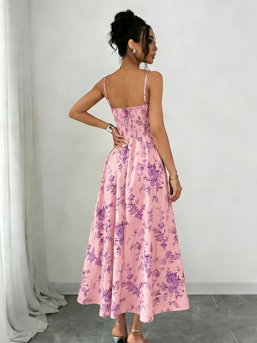 Elegant Printed Bohemian-style High-slit Zipper Dress for Women, Suitable for Weddings, Spring/summer Vacations, and Other Occasions, Elegant and Charming - Pink