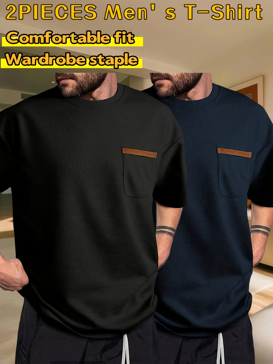 Men's Waffle-Knit Short Sleeve T-Shirt - Breathable Base Layer & Casual Round Neck Pocket Tee, Solid Color Suitable for Gym, Casual Attire, Machine Washable, Spring/Summer Layering Shirt, High-Fit Rate for Lifestyles - Black+Navy Blue