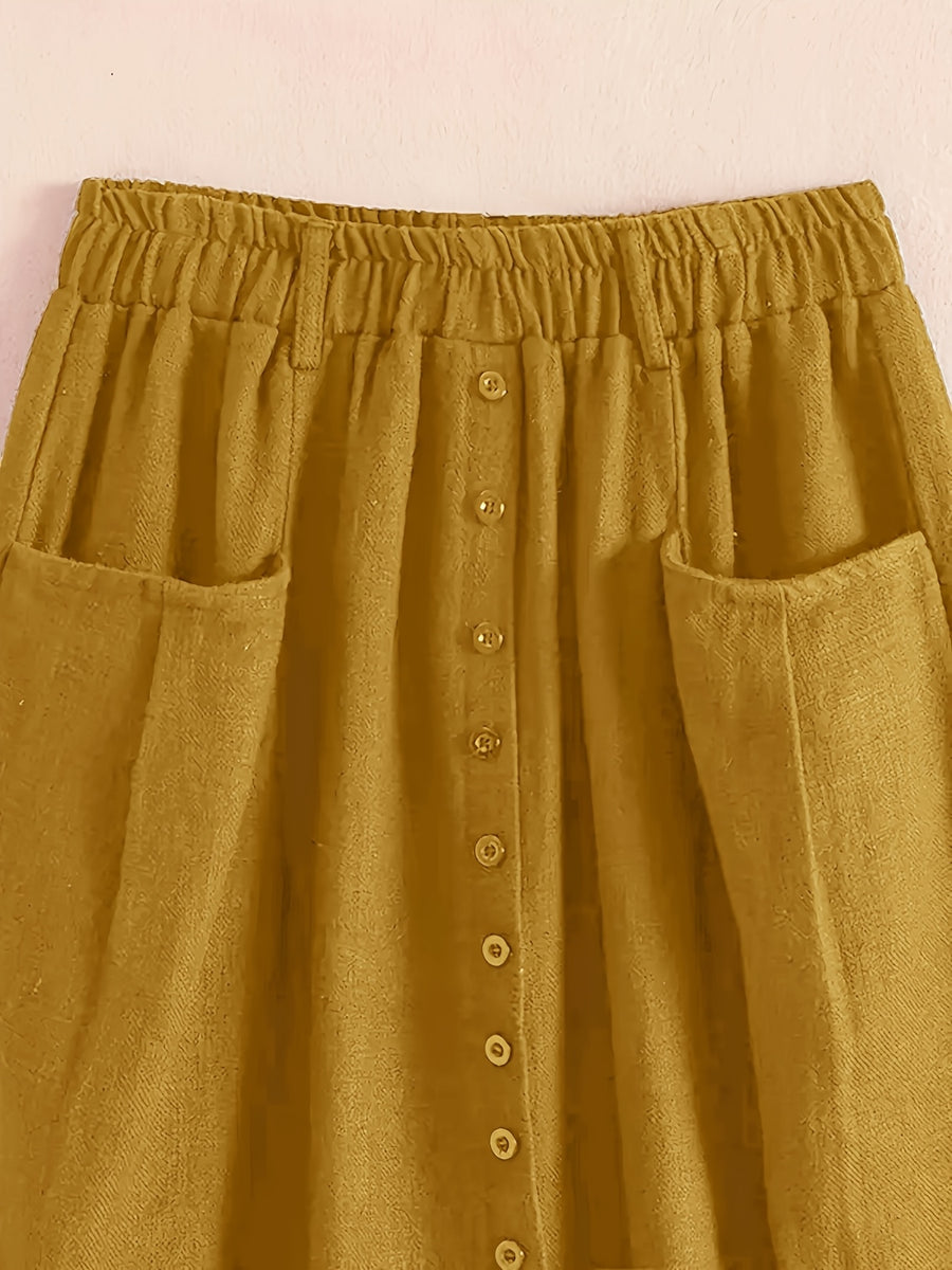 Spring/Summer/Autumn Lightweight Korean-Style Vintage Linen Loose Skirt with Elastic Waistband and Pockets, Mid-Length Women's Skirt - Yellowish-brown