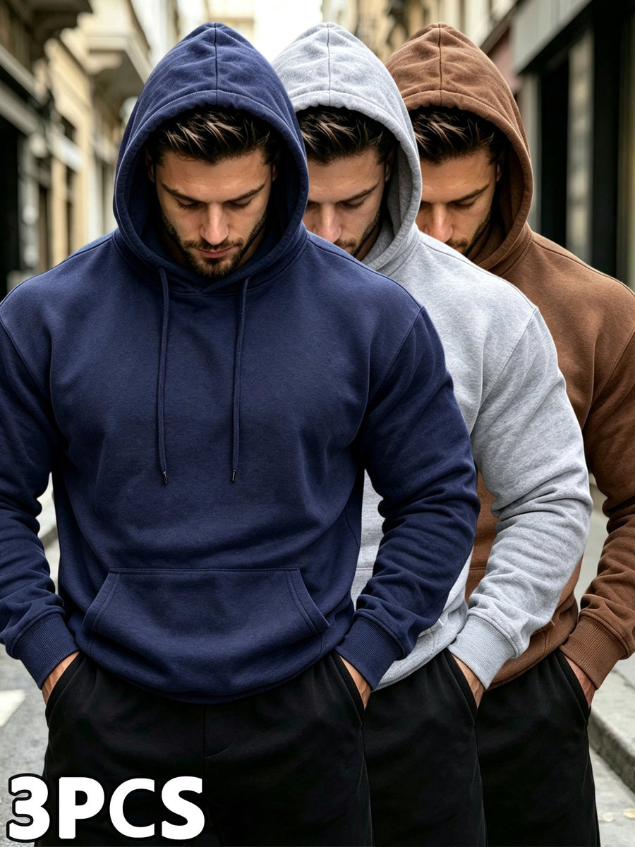 3pcs Men'S Solid Color Hooded Sweatshirt Set, Regular Fit, Drawstring Pullover Top, Fleece Lined, Warm And Comfortable, Elastic Soft, Casual Daily Home Wear, Suitable for Fall Winter Fashion Men'S Outfit - Navy blue + light gray + brown