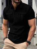 Men'S Short-Sleeved Polo Shirt with Lapel, Front Button Placket, Two Pockets And Solid Color - Black