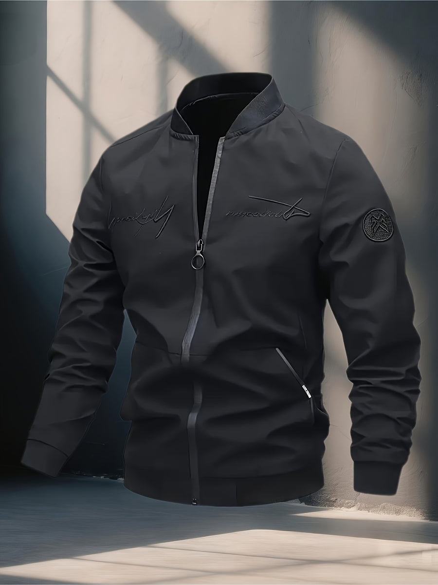Men's Windproof Pilot Jacket with Letter Embroidery, Full Zip Closure, Suitable for Outdoor Sports, Hiking, Urban Commuting - Machine Washable, Polyester, Casual Fashion Versatile Trendy Black Coat, Essential for Stylish Men - Black