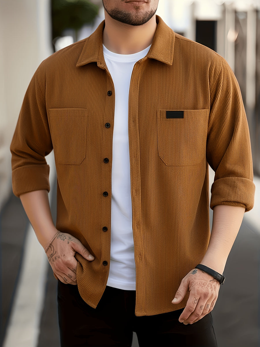Spring And Autumn Men'S Corduroy Shirt (Jacket) Long Sleeve Lapel Double Pocket Regular Casual Retro Cool Top (Multi-Color) - Chocolate