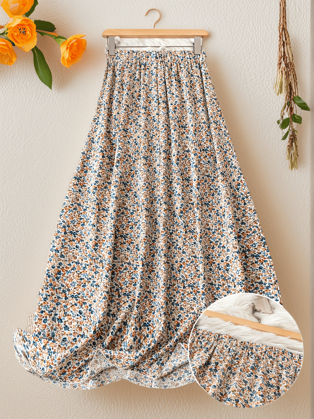 Women's High Waist Floral Maxi Skirt, A-Line Flowy Resort Skirt, French Style Elegant Dress for Spring Summer Fall - Apricot