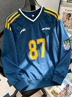 Men's Casual Sport T-Shirt, American Vintage Style V-Neck Letter Print, Unisex Spring/Autumn Long Sleeve Fashionable Loose Fit Athletic Top, In Stock - Blue