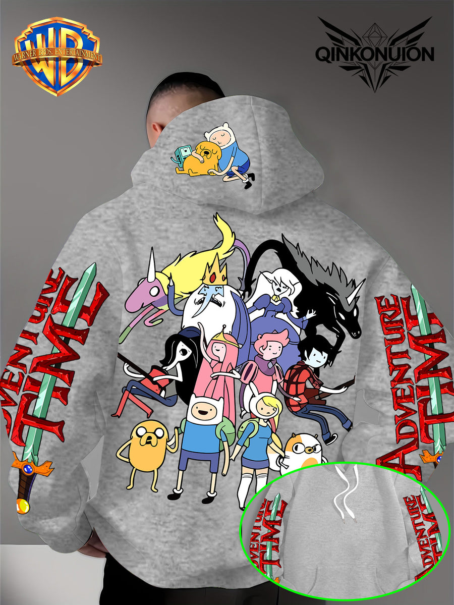 Warner Official Men's Hoodie, Adventure Treasure Full Character Gathering Adventure Print Design, Machine Washable, Warm and Casual for Autumn and Winter, Daily Drawstring Hoodie, Multifunctional Sports and Casual Loose Fit - Light Grey