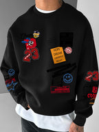 Men's Vintage '23' Number & Retro Logo Sweater - Relaxed Fit Round Neck Sweashirt, Machine Washable Casual Sweaters for Travel, Commuting, Parties (Non- Pullover) - Black