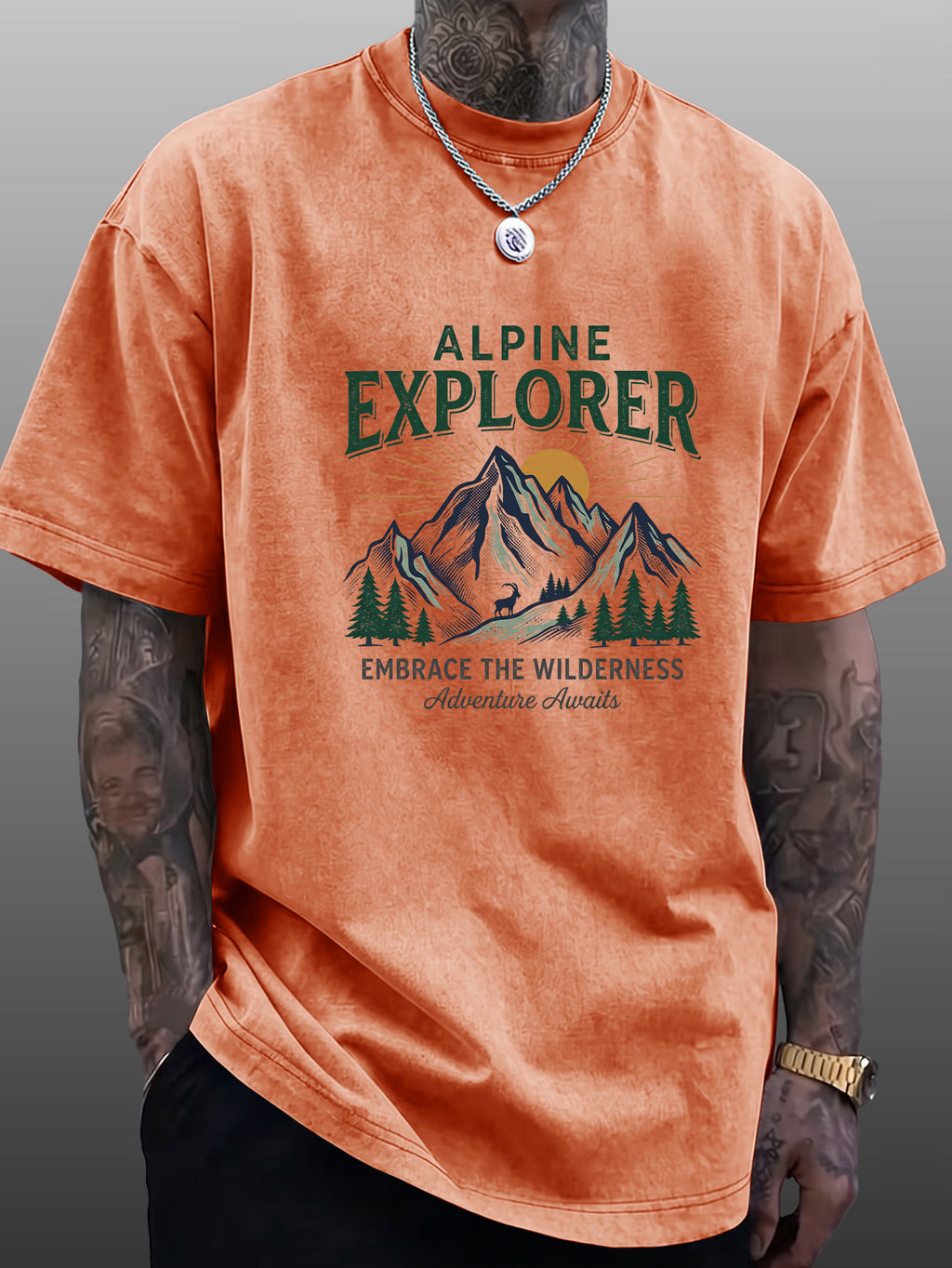 Short Sleeve T-Shirt Men'S Pure Loose Washed Distressed Top Mountain Adventure Forest Sunset Pattern Trendy Reversible Double-Sided Print Multicolor Casual American Street High Street Hip-Hop Style Daily Outing Commute Fitness Couple Style Y2K Natio - Orange