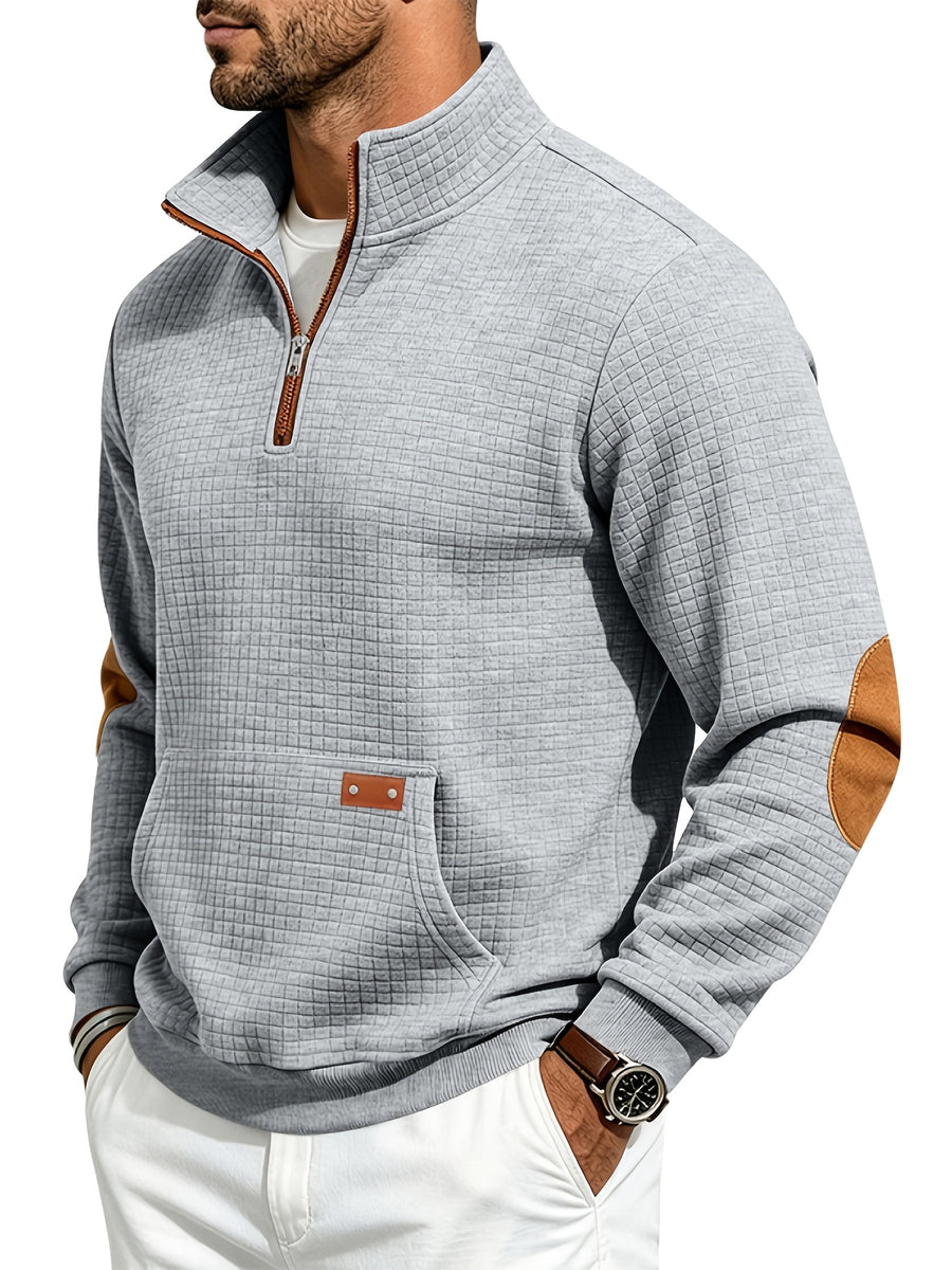 Men's Waffle Knit Casual Loose-Fit Long Sleeve Color-Block Stand Collar Half-Zip Autumn/Winter Sweatshirt - Light Grey