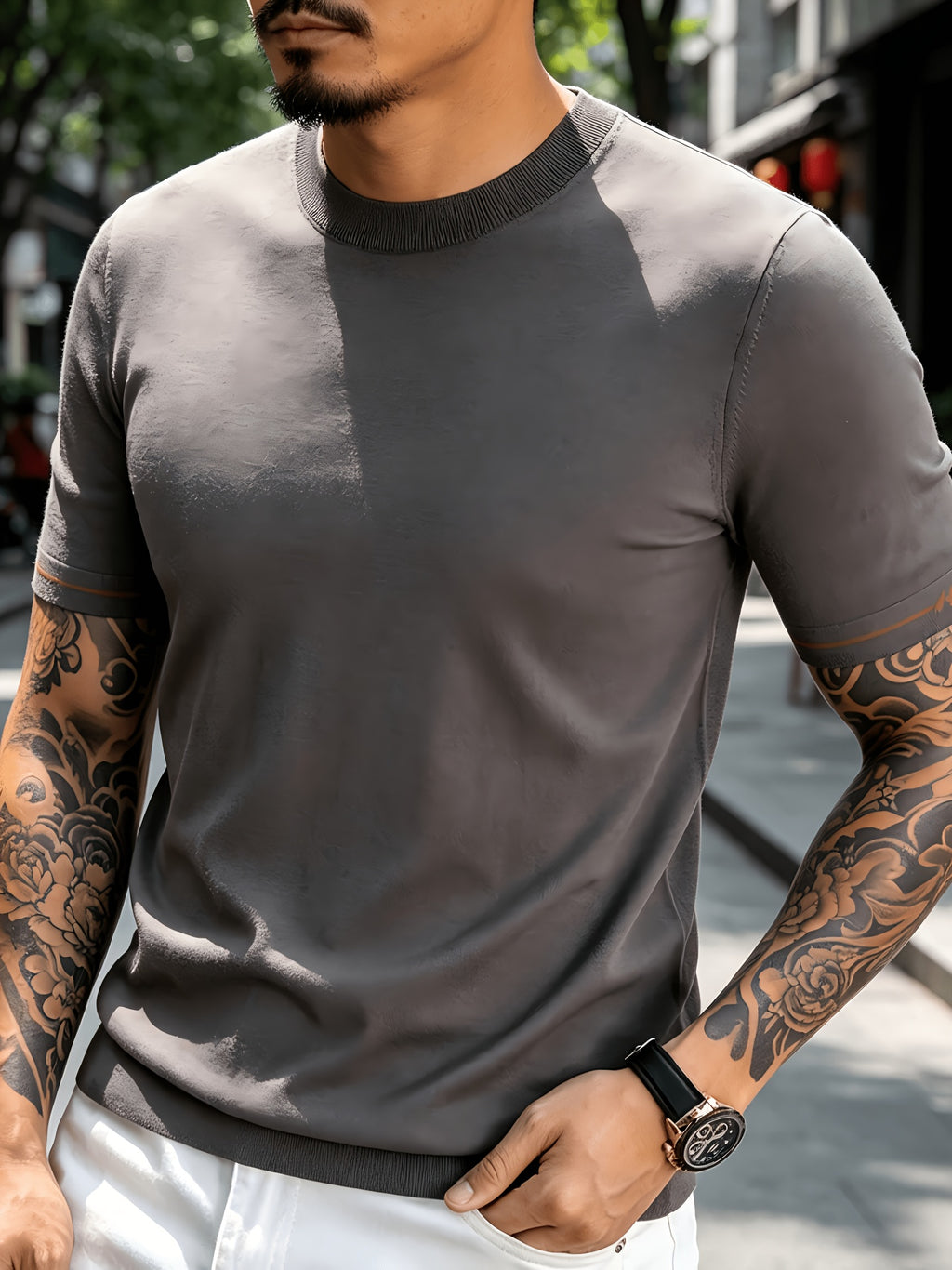 Men' Summer Short-Sleeve Knit Shirt with White-Trimmed Cuff - Stretchable Round Neck -Compatible Suitable for Urban Streetwear & Business Casual, Solid Color Multi-Color Tunic Top for Commuting and Office Wear - Rock Ash