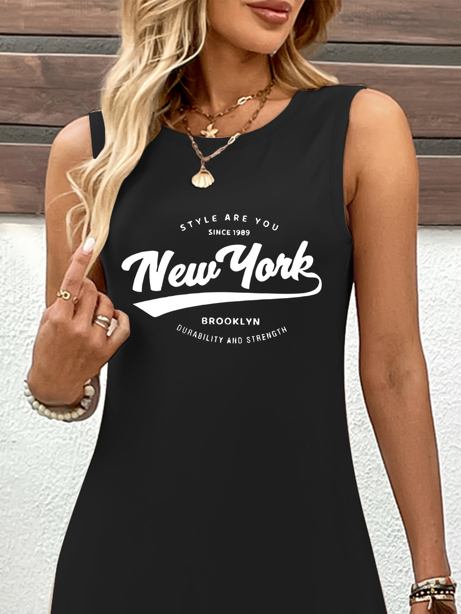 Women'S "New York" Graphic Tank Dress - Casual Sleeveless Summer Dress with "New York" Print, Soft Fabric, Round Neck, Perfect for Casual Attire, Casual Summer Attire | Graphic Tank Dress | Comfortable Fit, New York Fashion - Black