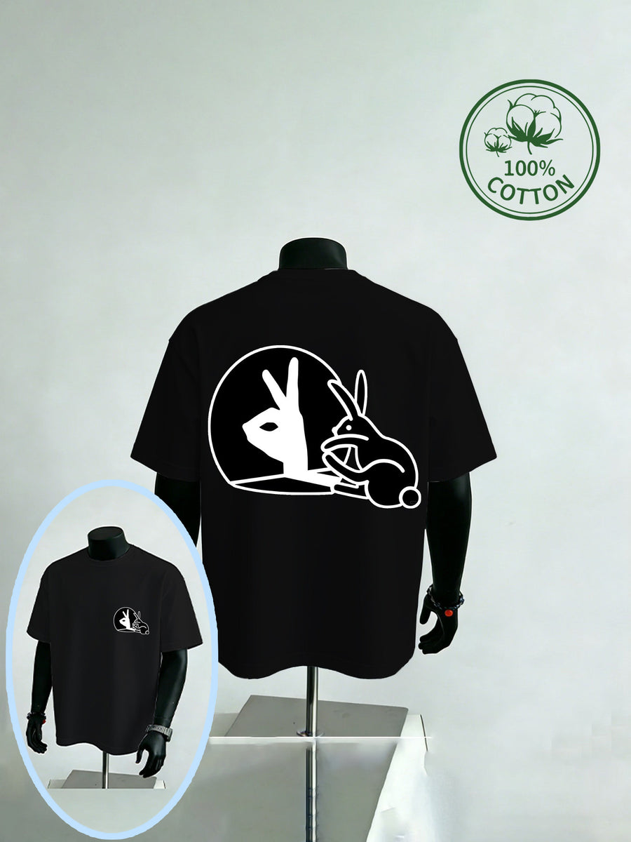 New Summer Style Men's Casual Sportswear with Rabbit Hand Shadow Print, Pure Cotton Short Sleeve, Moisture-Wicking and Sweat-Absorbing, Comfortable for Casual Streetwear and Outdoor Sports & Fitness - Black