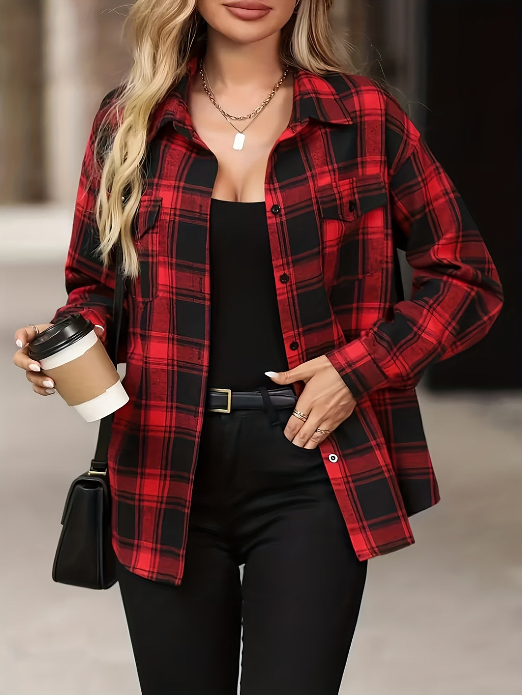 Women's Red & Black Checkered Button- Shirt - Collar Long Sleeve Blouse, Classic Button Front for spring/Autumn Office & Semi-Formal Wear, Machine Washable Non-Stretch Shirt - Red