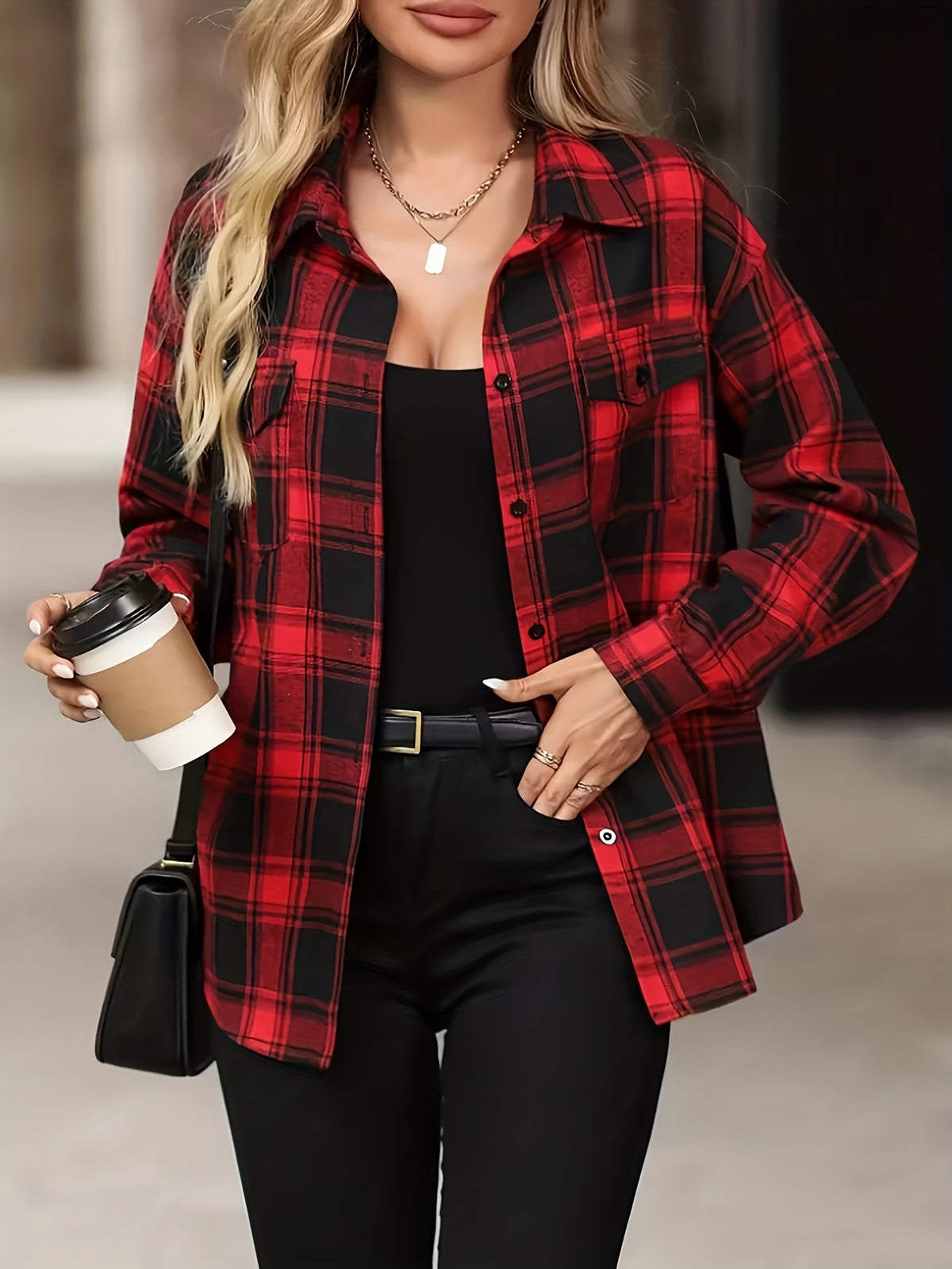 Women's Red & Black Checkered Button- Shirt - Collar Long Sleeve Blouse, Classic Button Front for spring/Autumn Office & Semi-Formal Wear, Machine Washable Non-Stretch Shirt - Red