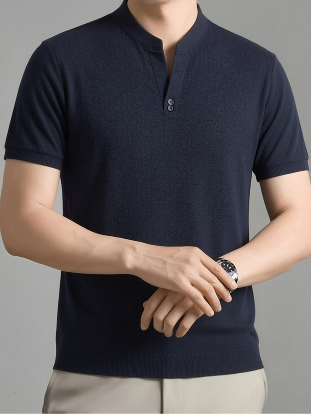 Men's Summer Short-Sleeve T-Shirt, Featuring a Stand-up Collar and Henry Collar Dual Design, with a Comfortable Texture Suitable for Both Business and Casual Wear - Navy Color