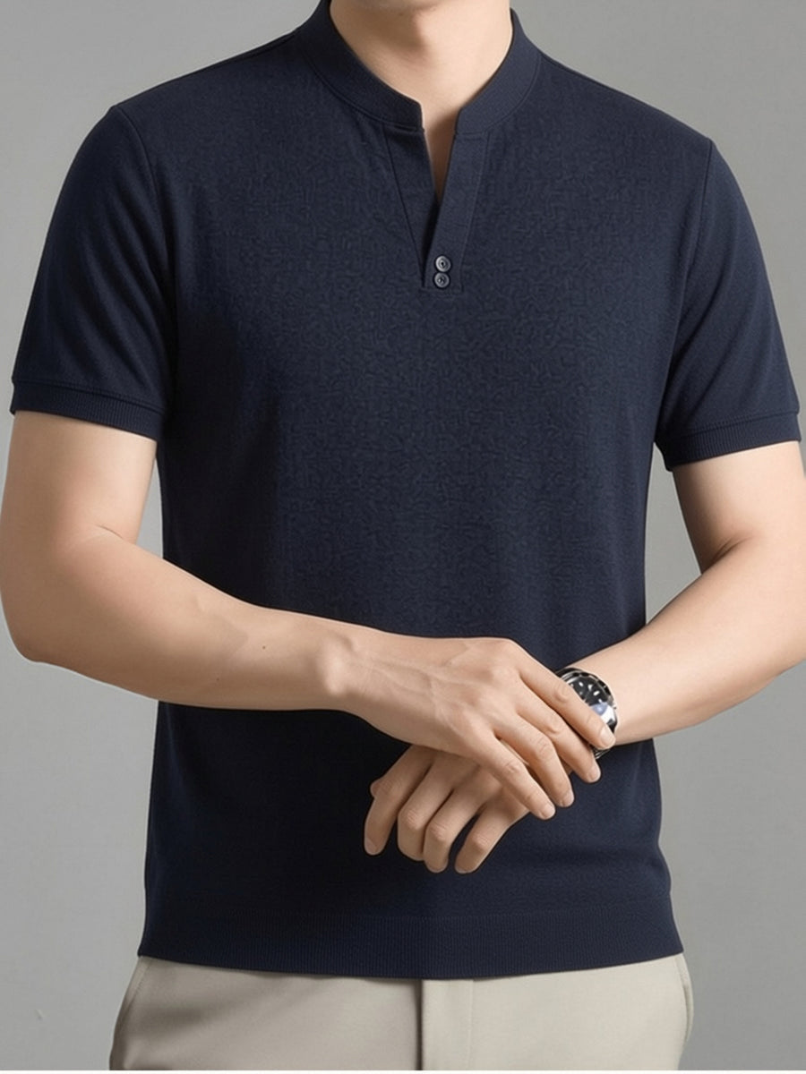 Men's Summer Short-Sleeve T-Shirt, Featuring a Stand-up Collar and Henry Collar Dual Design, with a Comfortable Texture Suitable for Both Business and Casual Wear - Navy Color