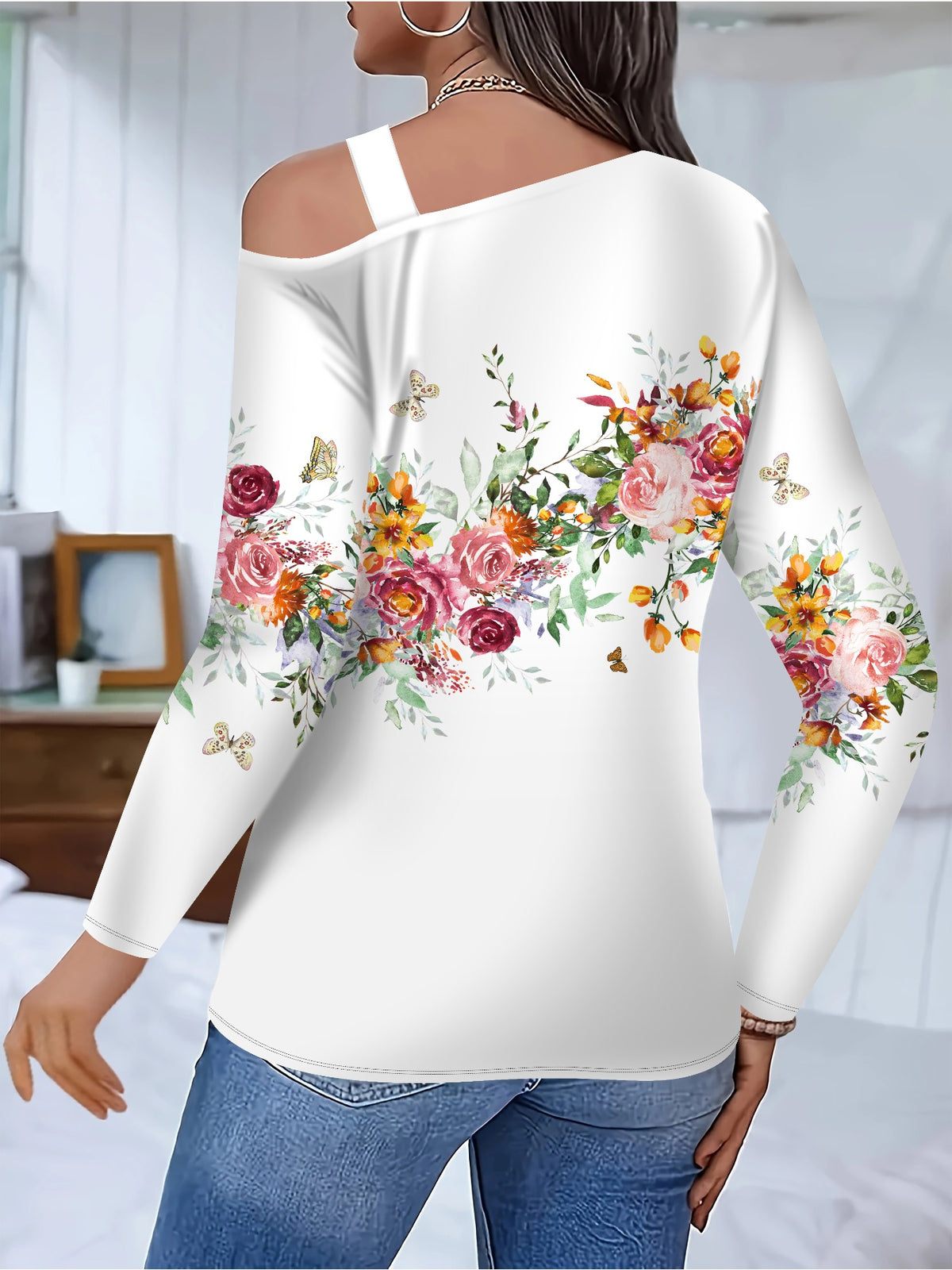 Directional 3D Printed Floral Pattern Casual Fashion Women'S T-Shirt - White