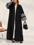 Long-Sleeved Kaftans Featuring an Embroidered Robe with a Pocket And Belt, Ideal for Casual Wear in Spring And Fall, Made from Fabric - Black