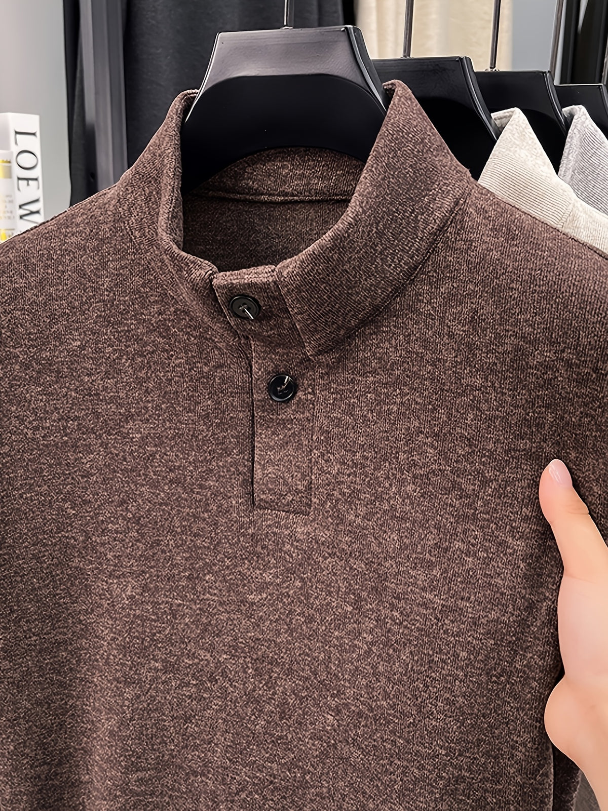 Men's Floral Yarn Stand Collar Long Sleeve Top, Multi-Color Options for Autumn, Half-Button Pullover Base Layer, Fine, Skin-Friendly, and Comfortable Fabric, Suitable for Business Commuting and Business Trips, Loose and Casual Men's Wear for Fishing - American Coffee